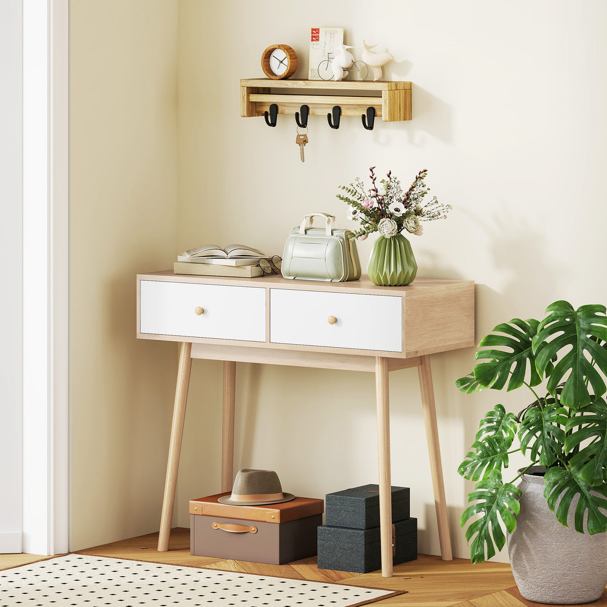 Table console avec 2 tiroirs et pieds en bois, pour salon, entrée, couloir, 86 x 35 x 75 cm, chêne et blanc