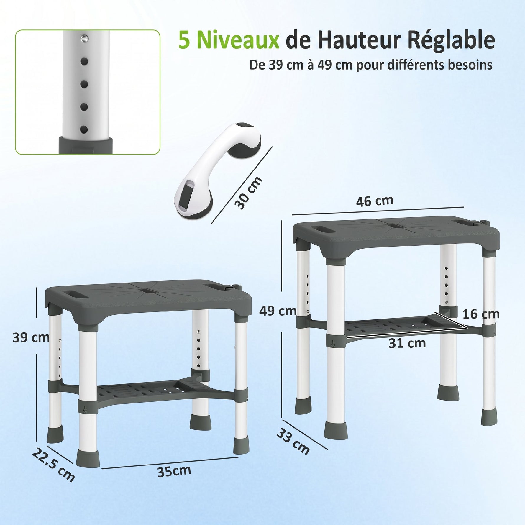 Tabouret de Douche Hauteur Ajustable avec Étagère Intégrée et Barre d'Appui à Ventouse pour Seniors et Handicapés, Gris