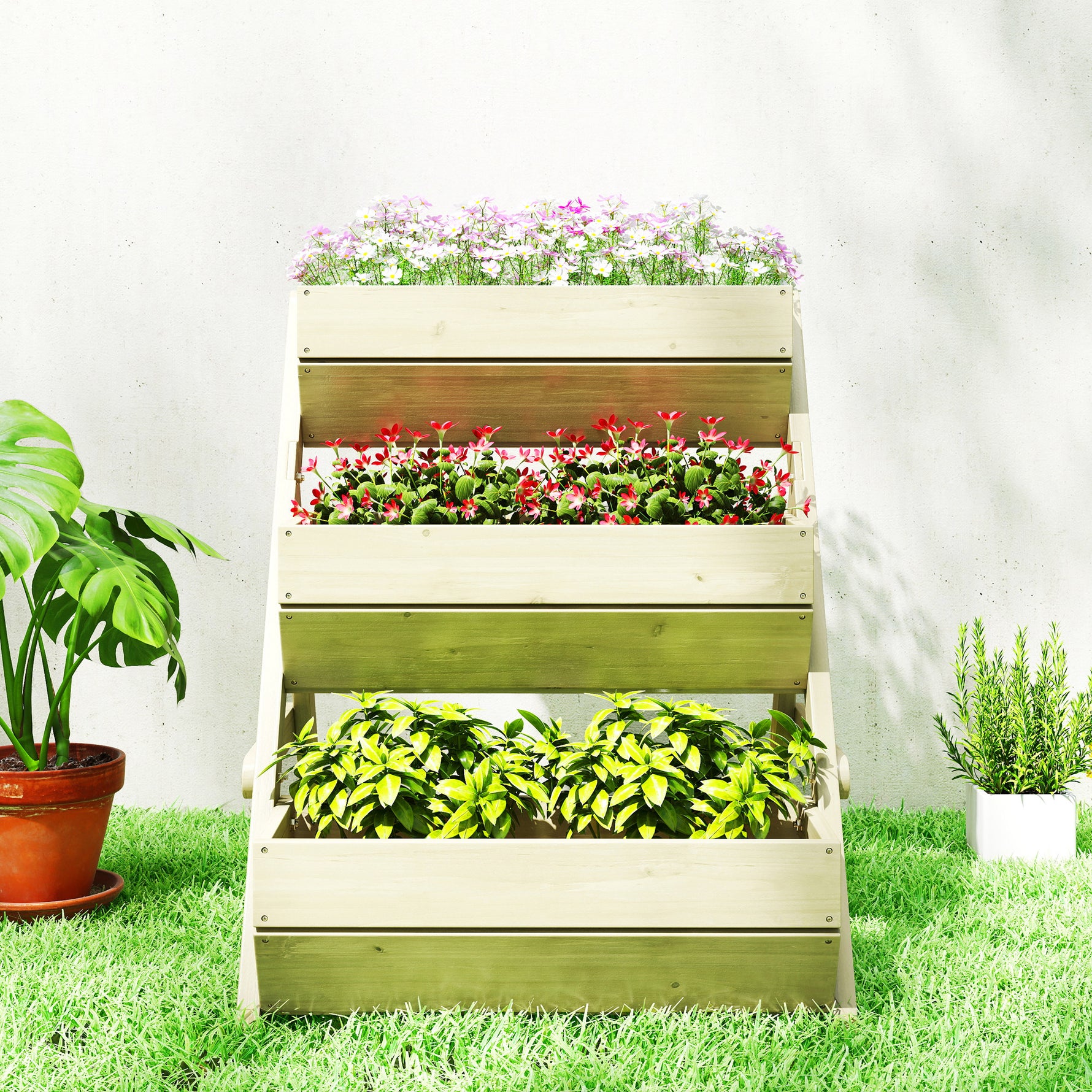 Jardinière surélevée en bois avec 3 étages, étagère en escalier pour plantes avec trous de drainage, 65x75x76cm, vert