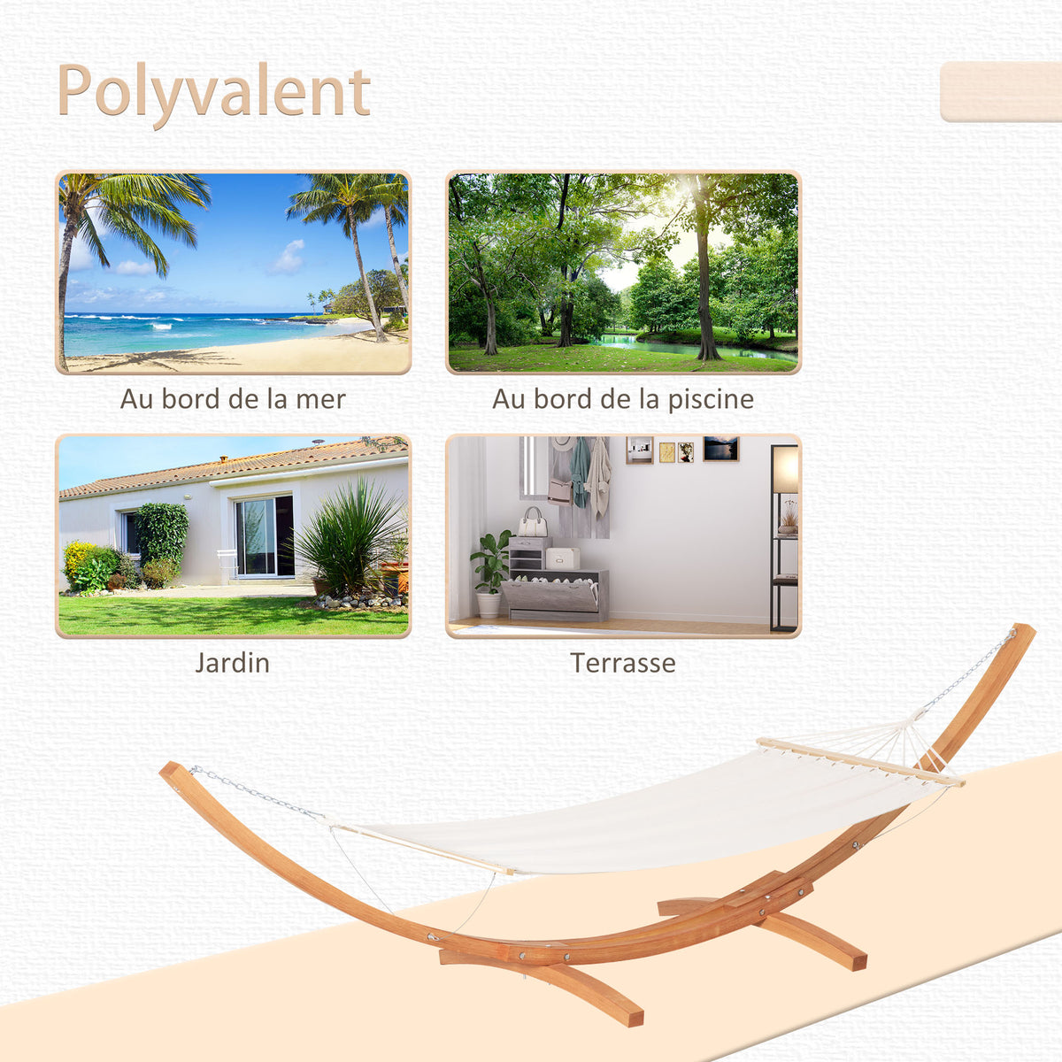 Hamac de jardin avec support en bois hamac sur pied 1 personne 3,92L x 1,2l x 1,1H m coloris crème marron