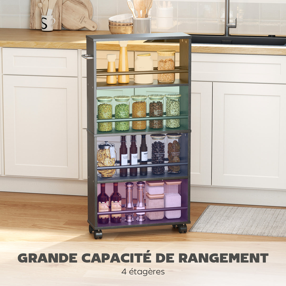 Chariot de rangement à 4 niveaux, desserte à roulettes avec poignées, desserte étroite, 45 x 15 x 91 cm, noir