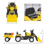 Pedal tractor backhoe with trailer, shovel and rake, outdoor toy for children aged 3 and up, yellow and black