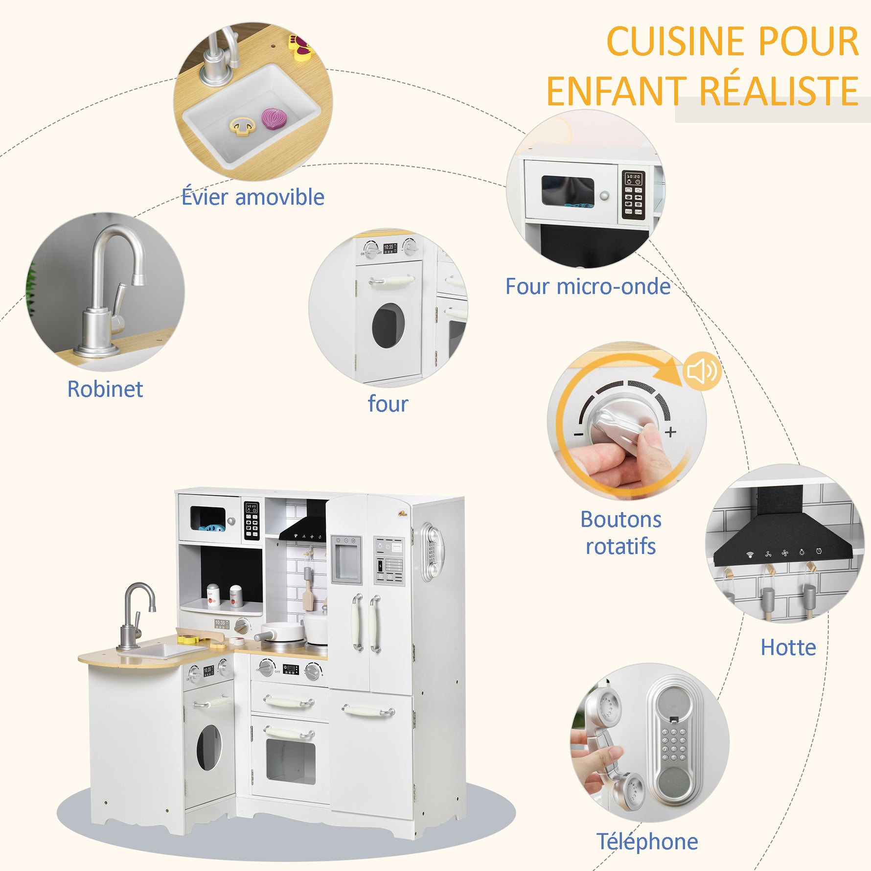 Cuisine pour Enfant 3-6 ans Jeu d'imitation Nombreux Accessoires rangements évier, robinet, four, micro-ondes, hotte, téléphone et réfrigérateur Blanc