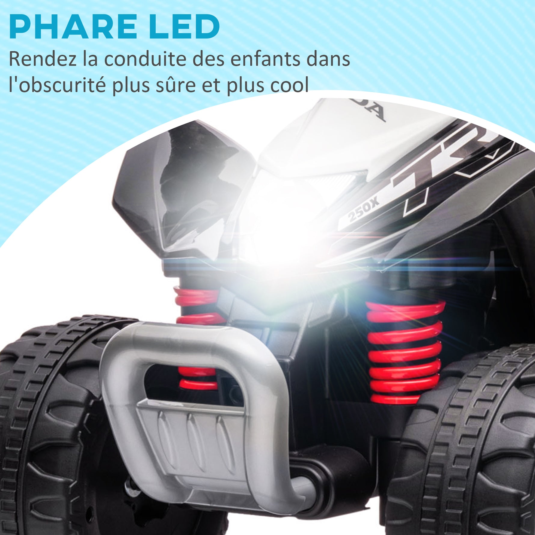 Quad électrique enfant 6 V, vitesse de 2,8 km/h, phares LED, klaxon, poignée et selle ergonomique, noir
