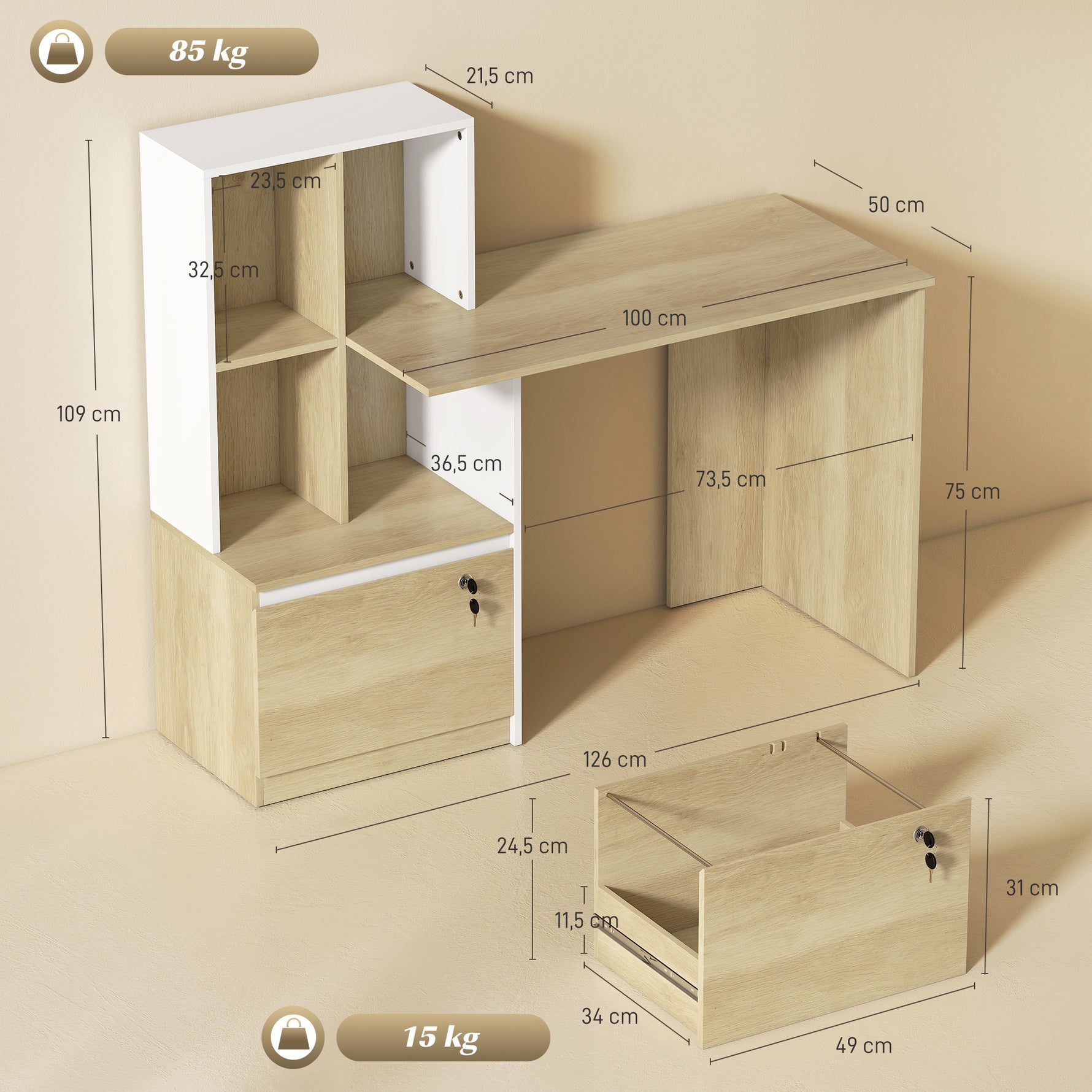 Bureau d'ordinateur avec bibliothèque 4 compartiments et tiroir verrouillable, 126 x 50 x 109 cm, chêne et blanc