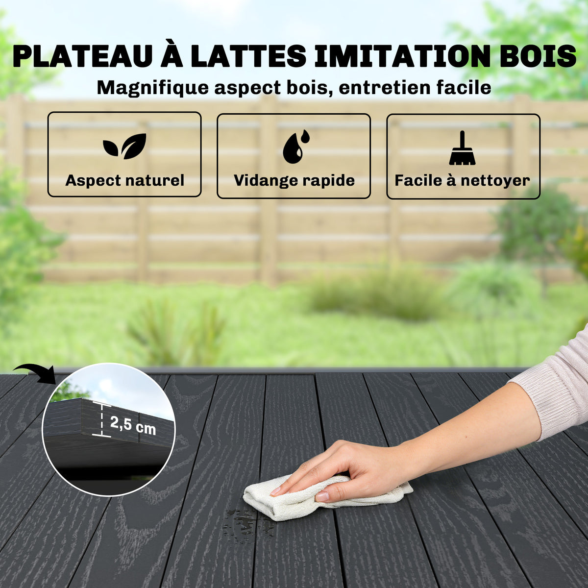 Table de jardin extensible pour 4-6 personnes avec rallonge auto-stockée aluminium avec effet bois 80-160 x 80 cm noir