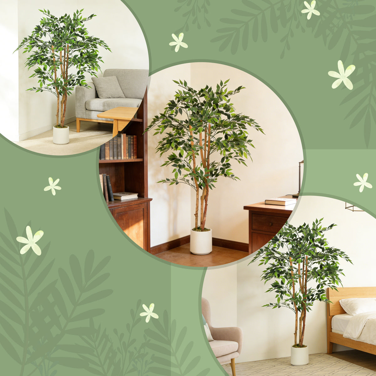 Plante artificielle intérieure 150 cm banian arbre artificiel, pot en plastique et tronc en bois massif, vert