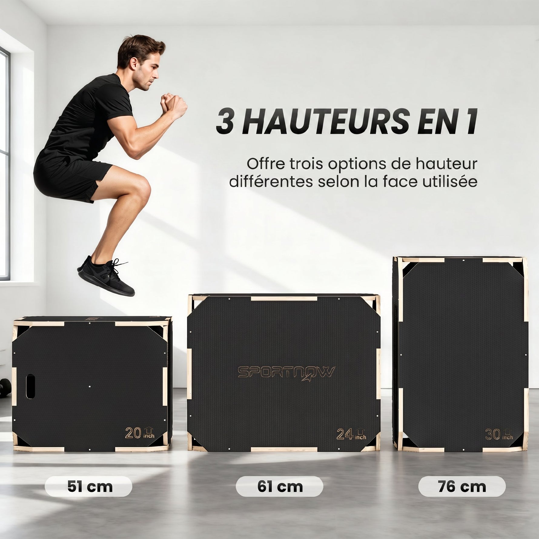 Boîte Plométrique 3 en 1 en Bois pour Entraînement au Saut, Antidérapant et sans Coins, 76x61x51cm, Noir