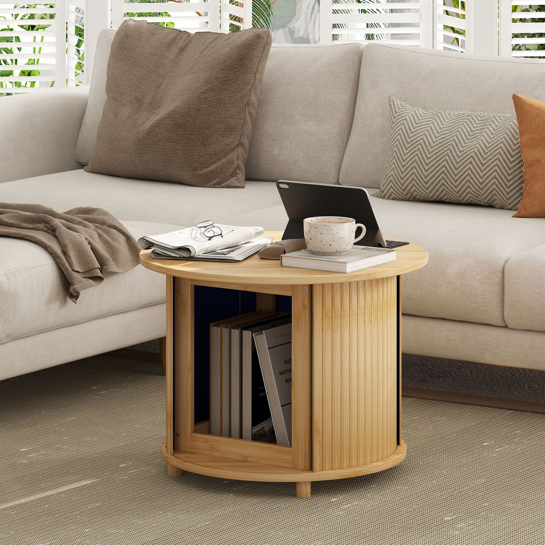 Table basse ronde table de salon en bambou avec rangement caché et porte coulissante, dim. Ø 60 x 45H cm, bois naturel-8