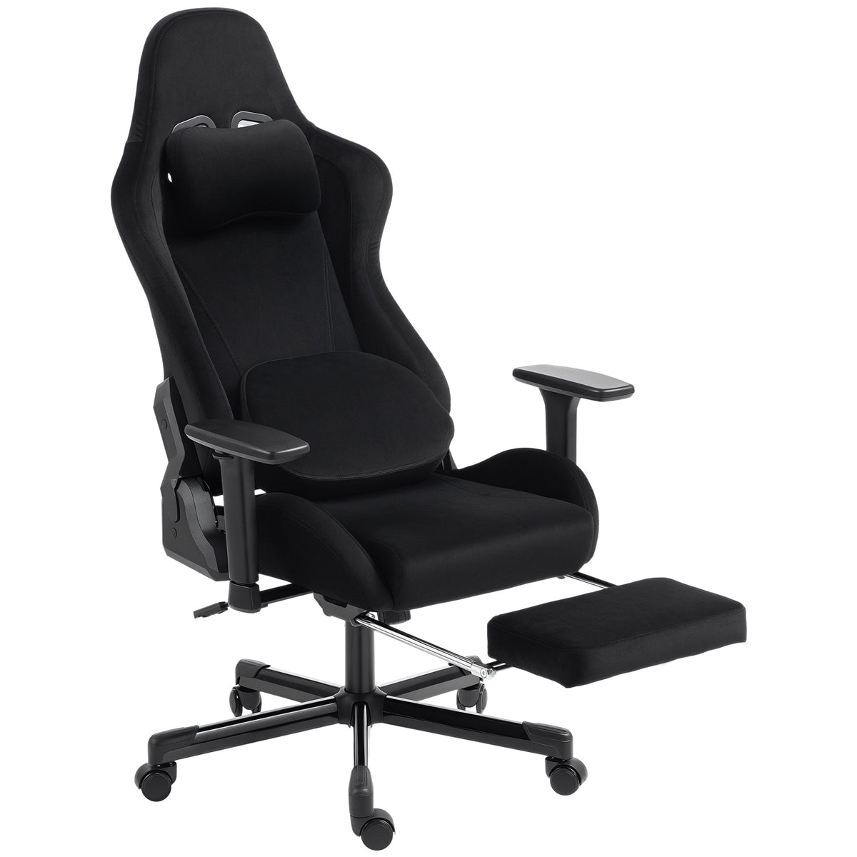Ergonomische masserende gamestoel met verwarmd lendenkussen, kantelbare gaming-fauteuil van linnen, 3D-armleuningen, zwart