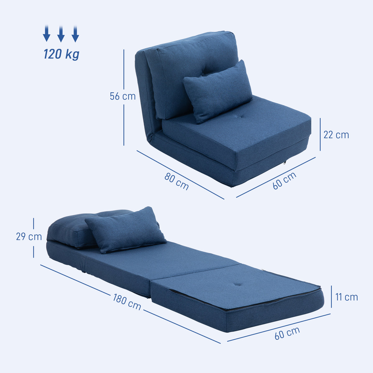 Sillón cama convertible individual con 1 cojín y respaldo ajustable, azul oscuro