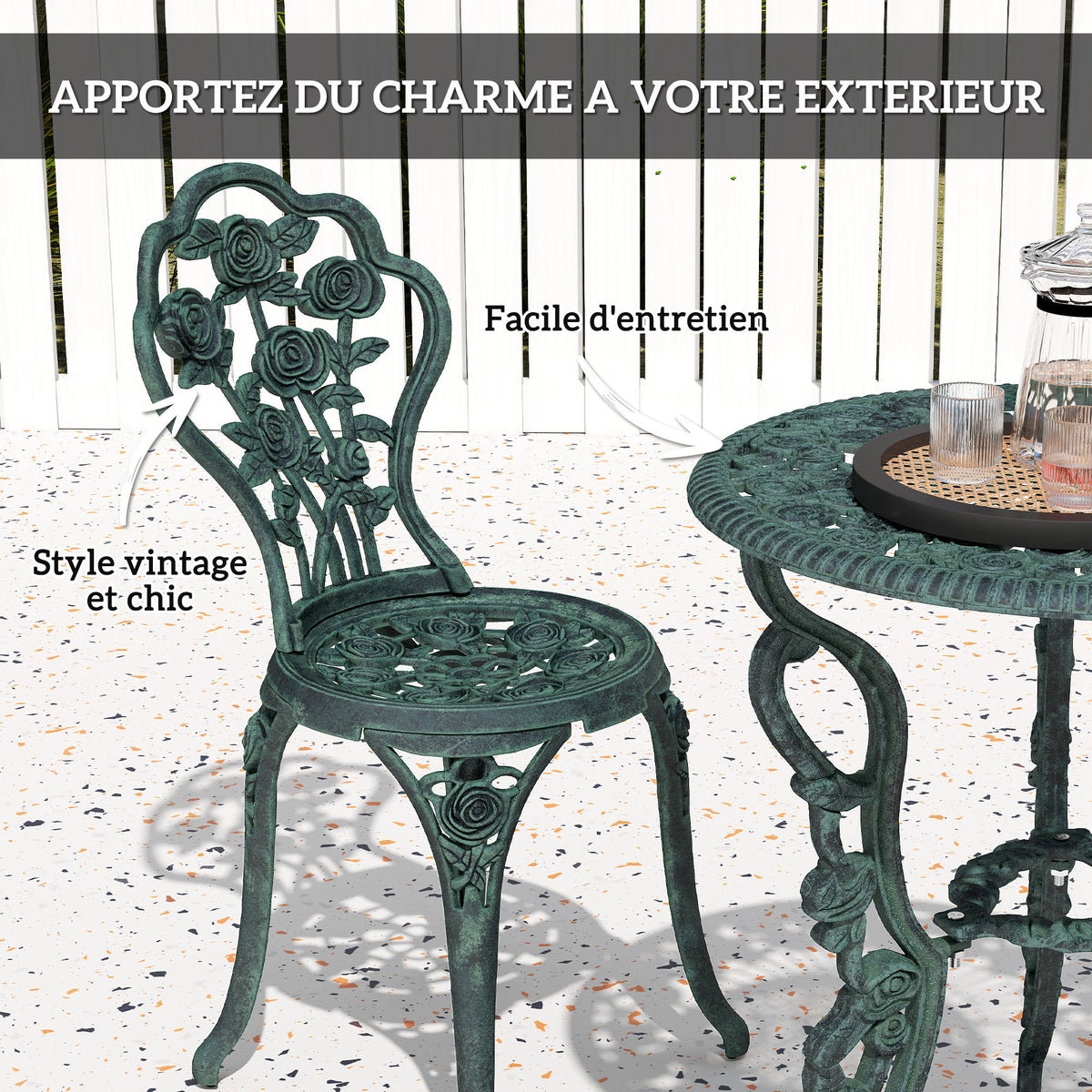 Ensemble Salon de Jardin 2 Places 2 chaises + Table Ronde Style néo-rétro Motif Rose Lignes fuselées Fonte