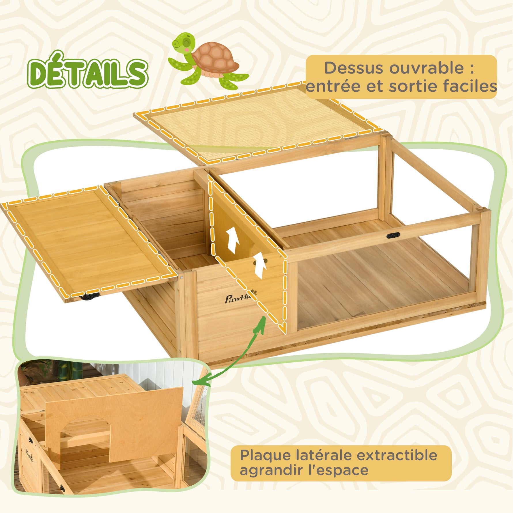 Maison enclos cage habitat pour petit animal tortues avec 2 espaces 91 x 60,5 x 32 cm bois massif jaune clair