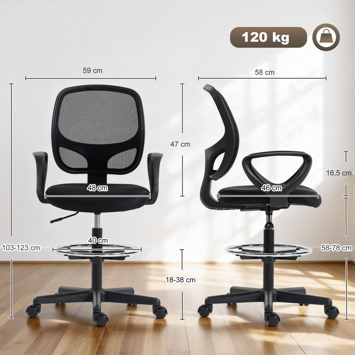 Chaise bureau ergonomique, fauteuil de bureau avec repose-pieds et accoudoirs, hauteur réglable, 59x58x103-123cm, noir
