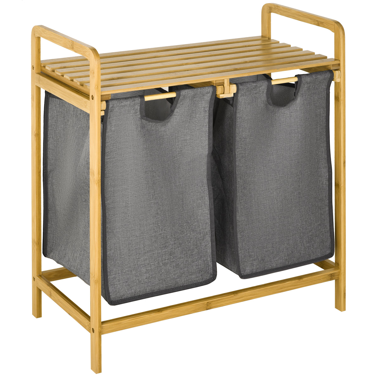 Panier à linge en bambou 2 paniers amovibles et coulissants en non-tissé 63,5 x 33 x 73 cm gris foncé