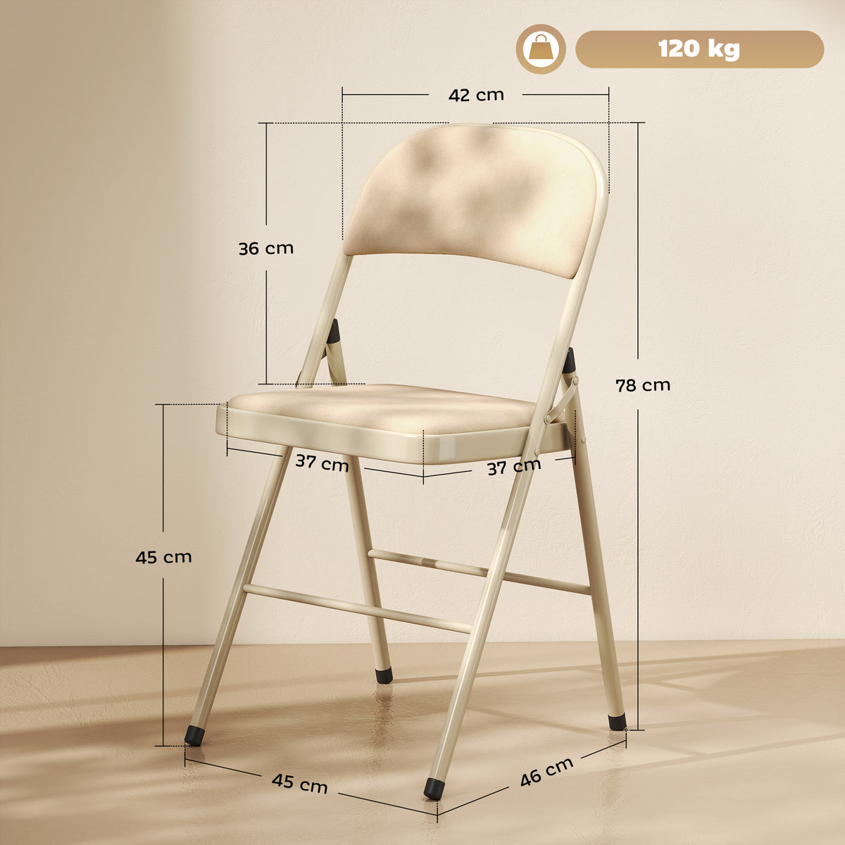 Lot de 4 chaises pliantes et portables intérieur avec assises et dossiers rembourrés en velours, cadre en acier, beige