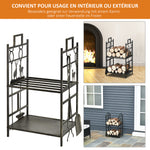 Porte-bûches range bûches étagère à bois de cheminée serviteur de cheminée cerf multi-accessoires 2 étagères dim. 51,5L x 33l x 77H cm métal noir or vieilli