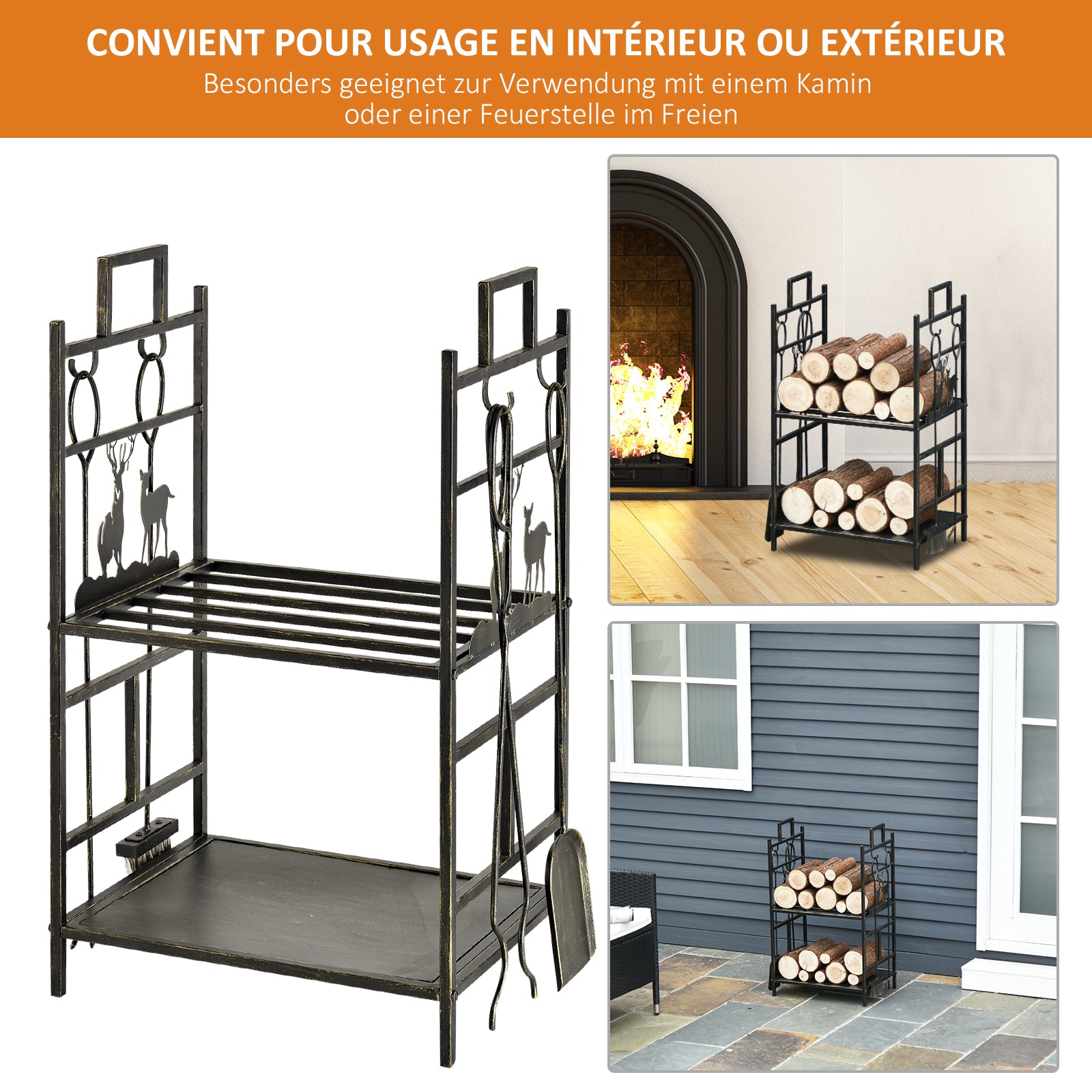 Porte-bûches range bûches étagère à bois de cheminée serviteur de cheminée cerf multi-accessoires 2 étagères dim. 51,5L x 33l x 77H cm métal noir or vieilli