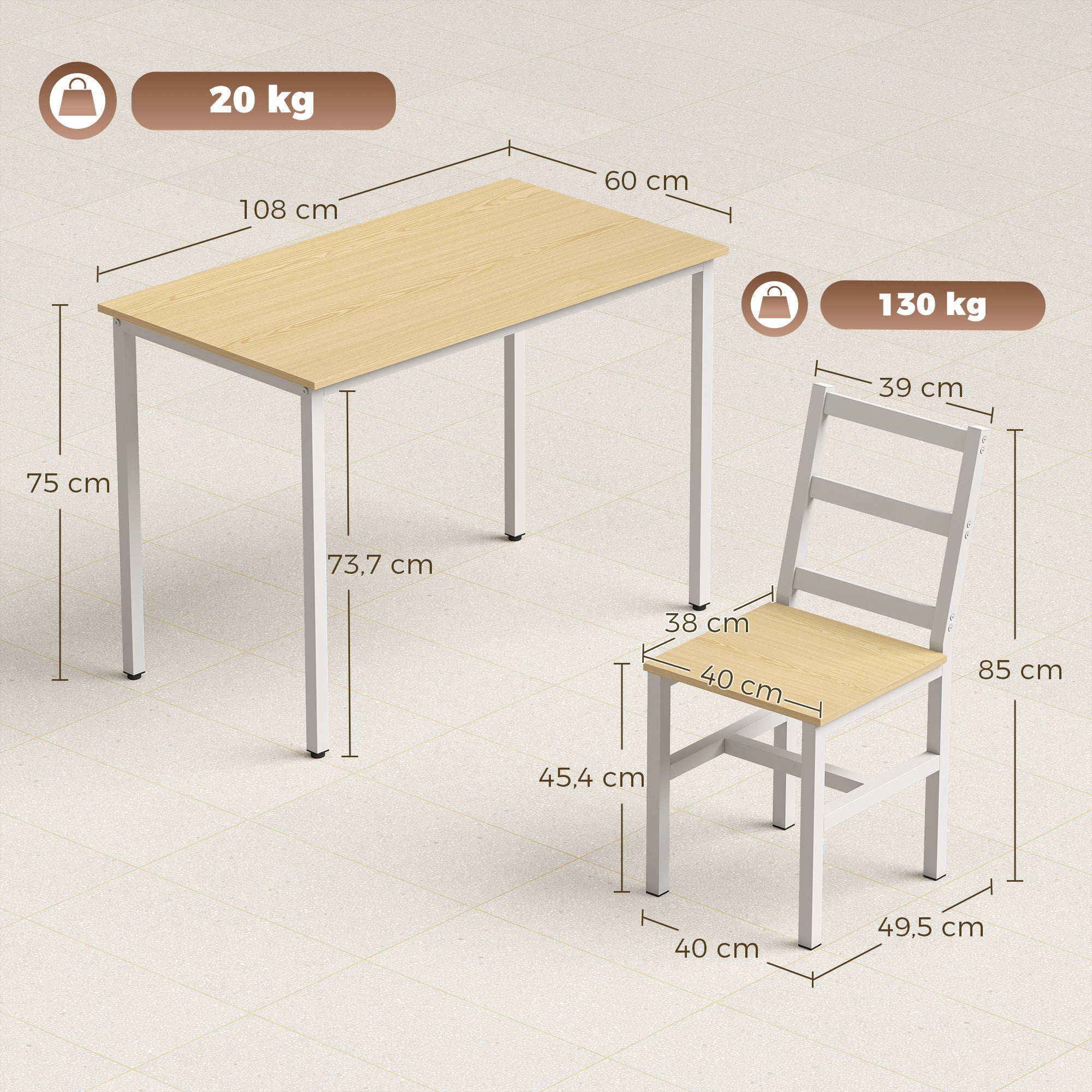 Dining Table Set with 4 Chairs, 108 cm Rectangular Table, Slat Back Chairs, Oak and White