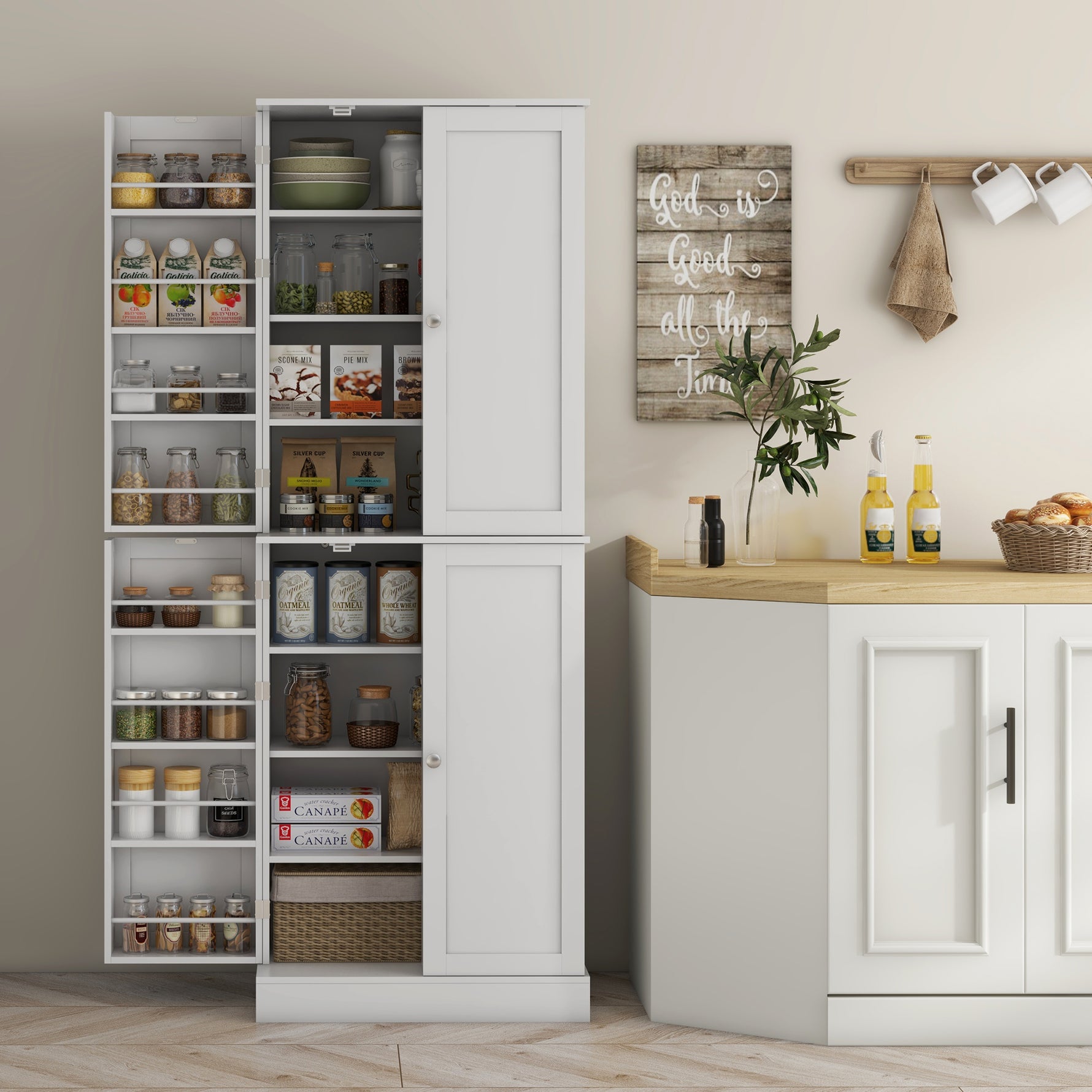 Armoire de cuisine buffet cuisine avec placards, étagère réglable et porte-épices, 60 x 35 x 166 cm, blanc