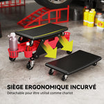 Tabouret d'atelier mobile 135 kg, tabouret de mécanicien avec roulettes rotatif à 360° avec plateaux, 86x33x33cm, rouge