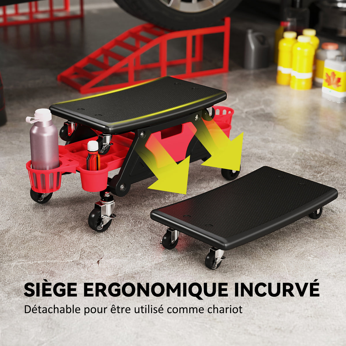 Tabouret d'atelier mobile 135 kg, tabouret de mécanicien avec roulettes rotatif à 360° avec plateaux, 86x33x33cm, rouge