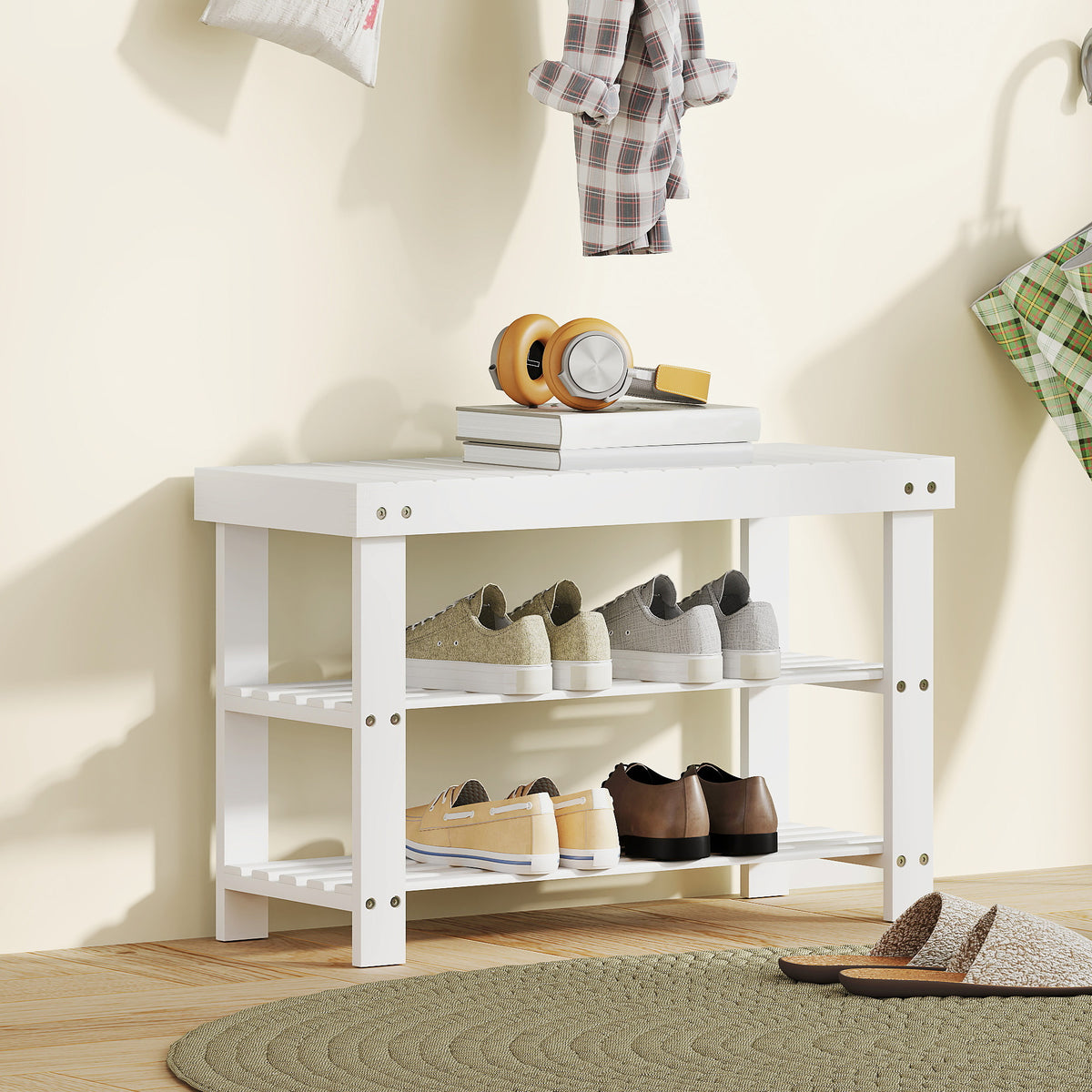 Banc à chaussures en bambou, étagère à chaussures à 3 niveaux, style scandinave, charge 136 Kg, 70 x 28 x 45 cm, blanc