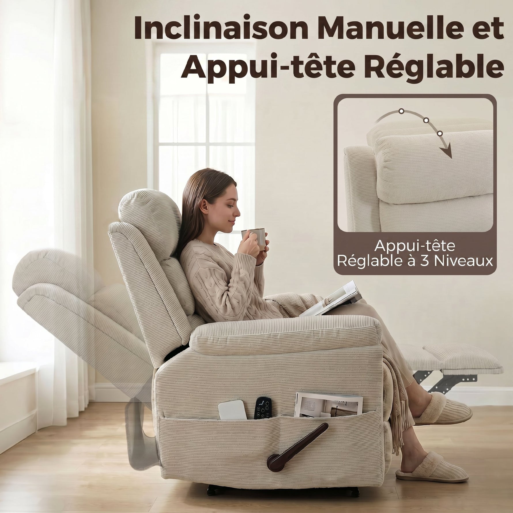 Fauteuil Inclinable de Massage et Chauffage, Fauteuil de Relaxation, Appuie-tête Réglable Poches Latérales, Crème