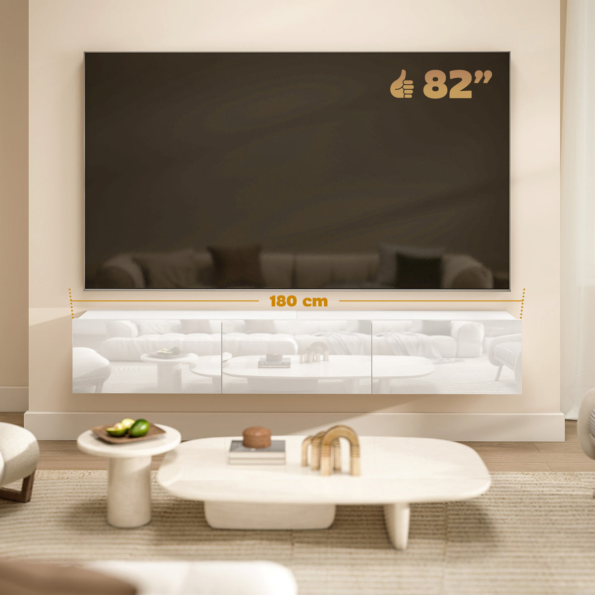 Meuble TV Suspendu 180 cm, Meuble télé pour téléviseur jusqu'à 82 Pouces 3 Portes Rabattables à Fermeture Douce, Blanc