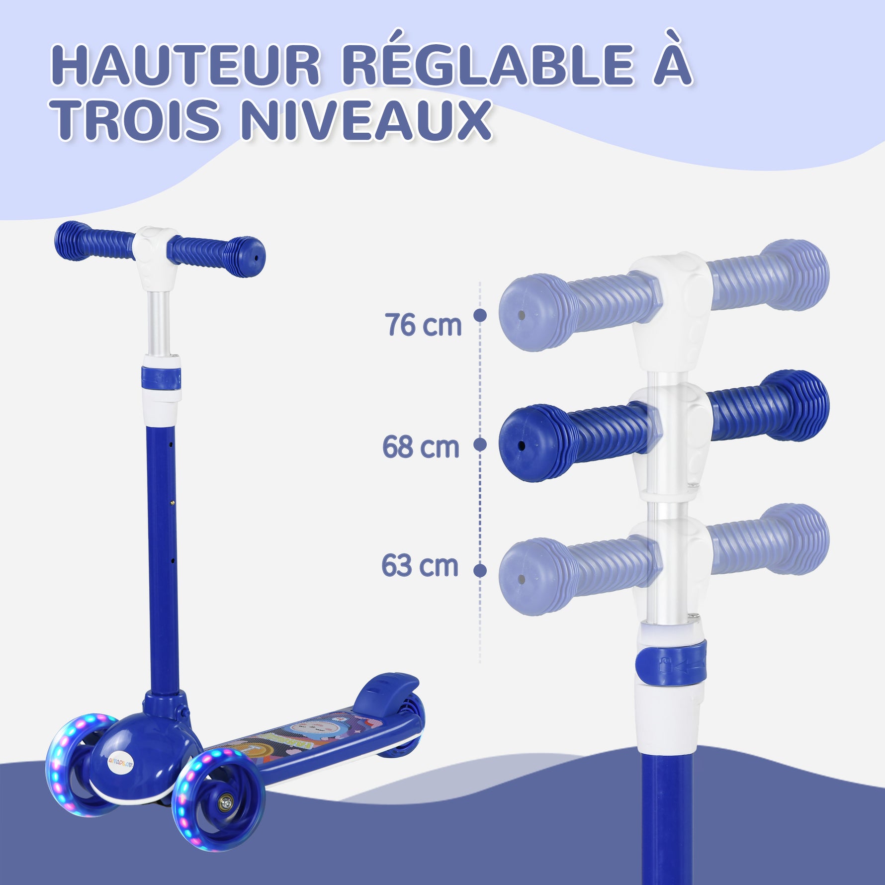 Trottinette enfant 3 Roues Lumineuses LED Hauteur Guidon réglable frein à Friction arrière de 2 à 6 ans Bleu