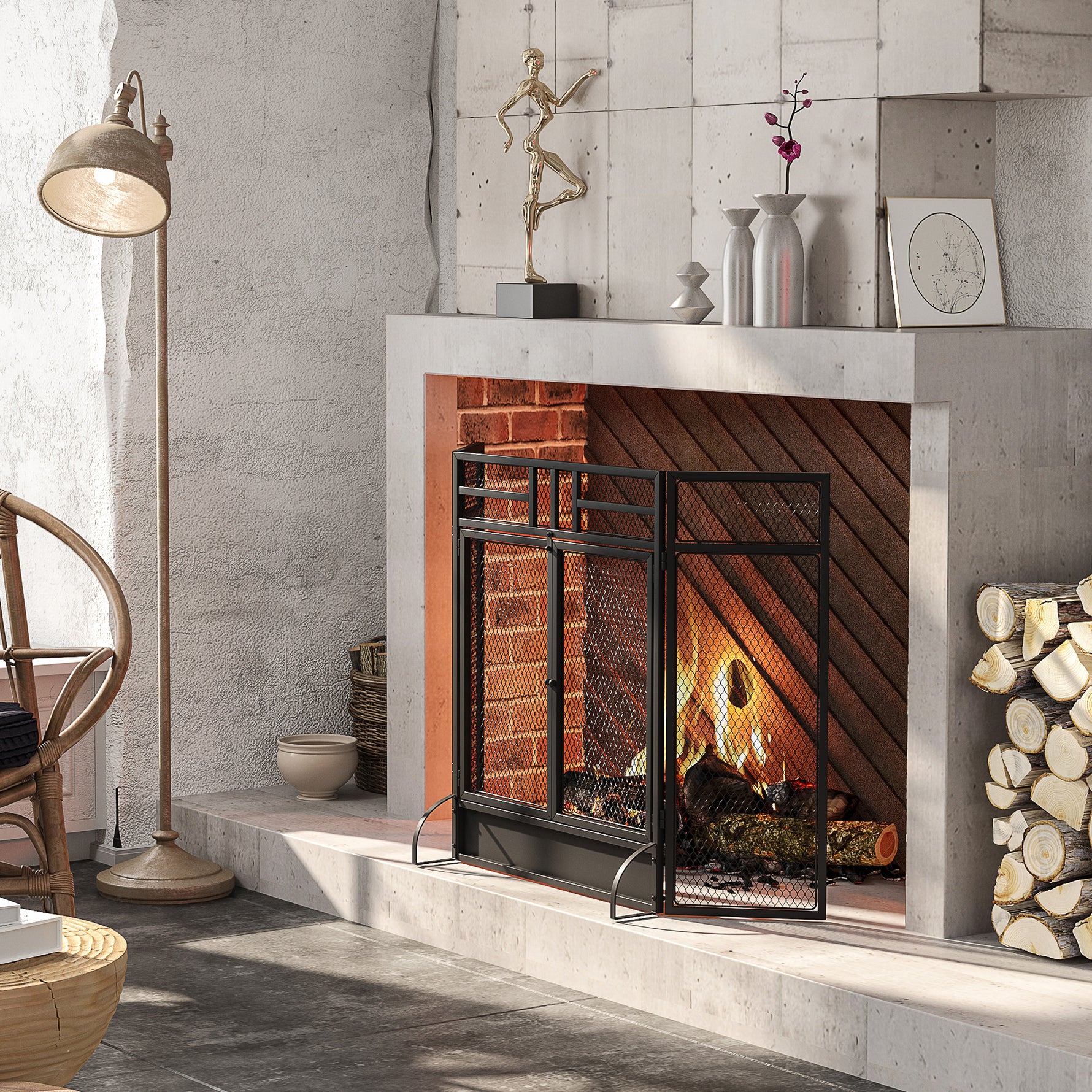 Pare-étincelles grille de protection pour cheminée pare-feu barrière de sécurité 3 volets pliables et porte 120 x 79 cm