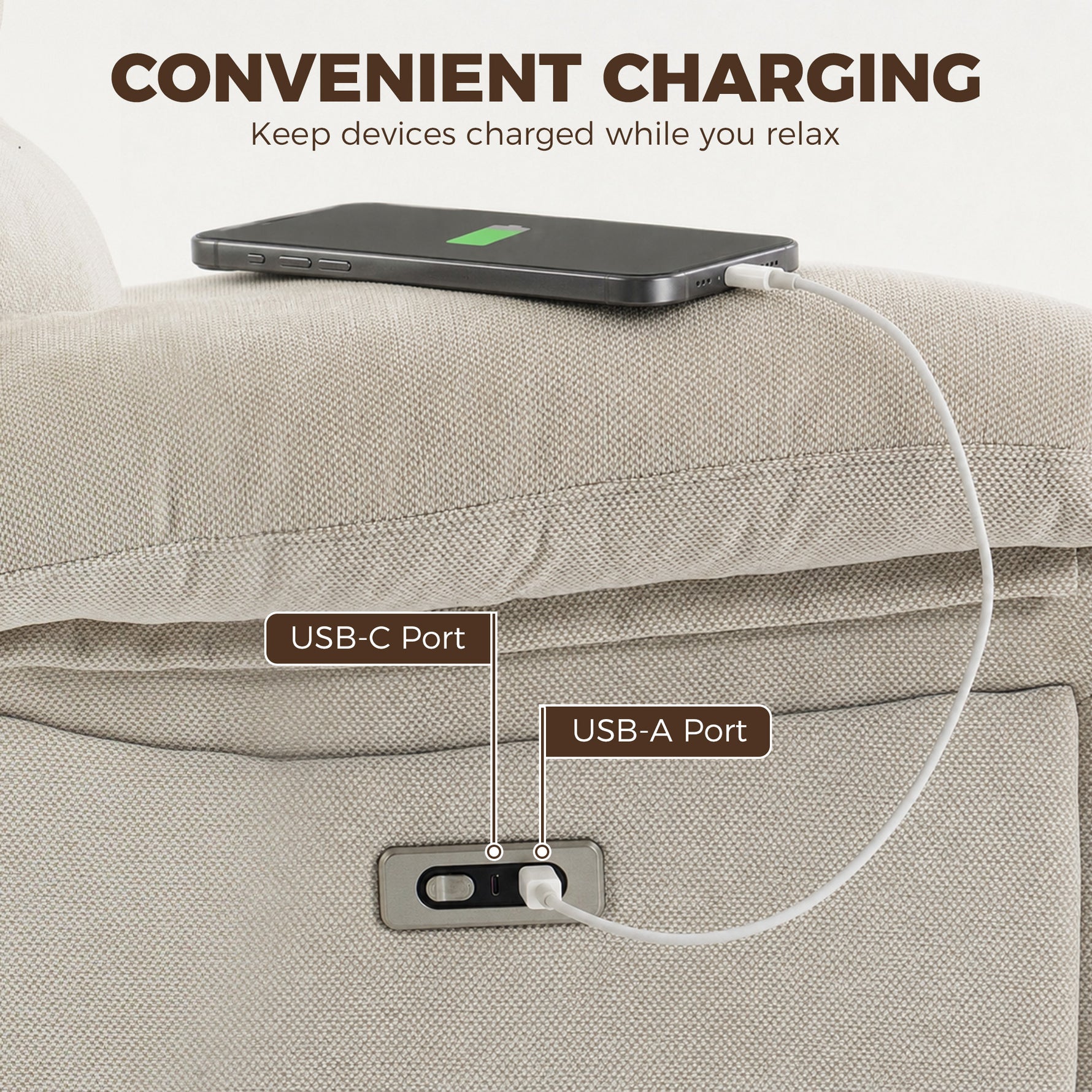 Fauteuil Releveur Électrique Massage et Chaleur Fauteuil Relax Électrique Chenille Ports USB Dossier Inclinable Crème