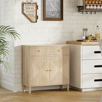 Buffet, meuble de rangement cannelé avec plateau effet marbre, 2 tiroirs, 2 portes, étagère réglable, 77x30x80cm, chêne