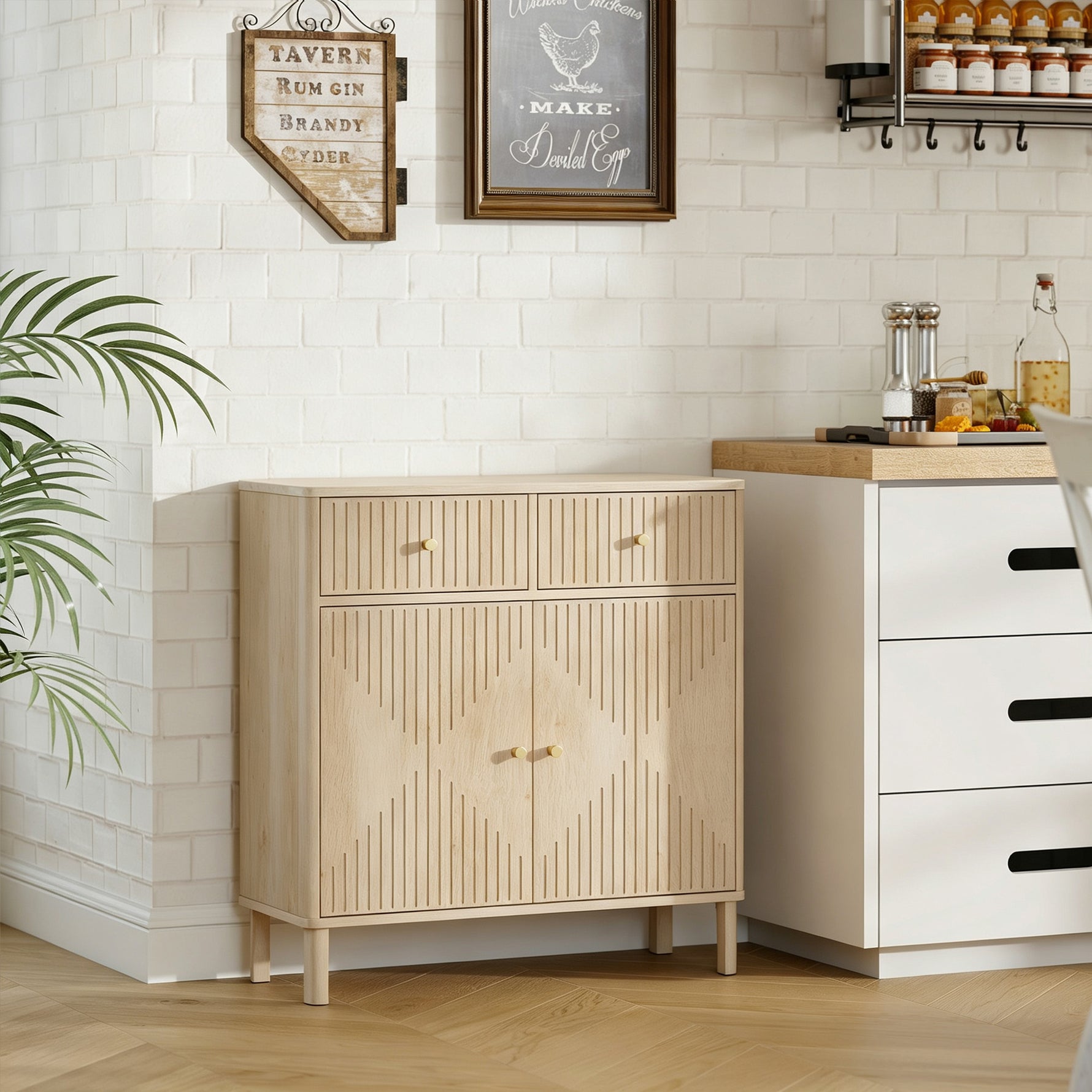 Buffet, meuble de rangement cannelé avec plateau effet marbre, 2 tiroirs, 2 portes, étagère réglable, 77x30x80cm, chêne
