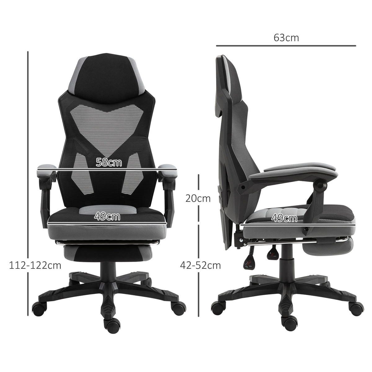 Chaise de bureau fauteuil gaming hauteur réglable dossier roulettes pivotantes repose-pied tissu en maille 58L x 63l x 112-122H cm gris noir