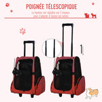Sac de transport à roulettes pour chien 2 en 1 trolley chariot sac à dos pour chien chat avec poignée téléscopique, sacs de rangement, aérations, attache de sécurité, 42 x 25 x 55 cm, rouge