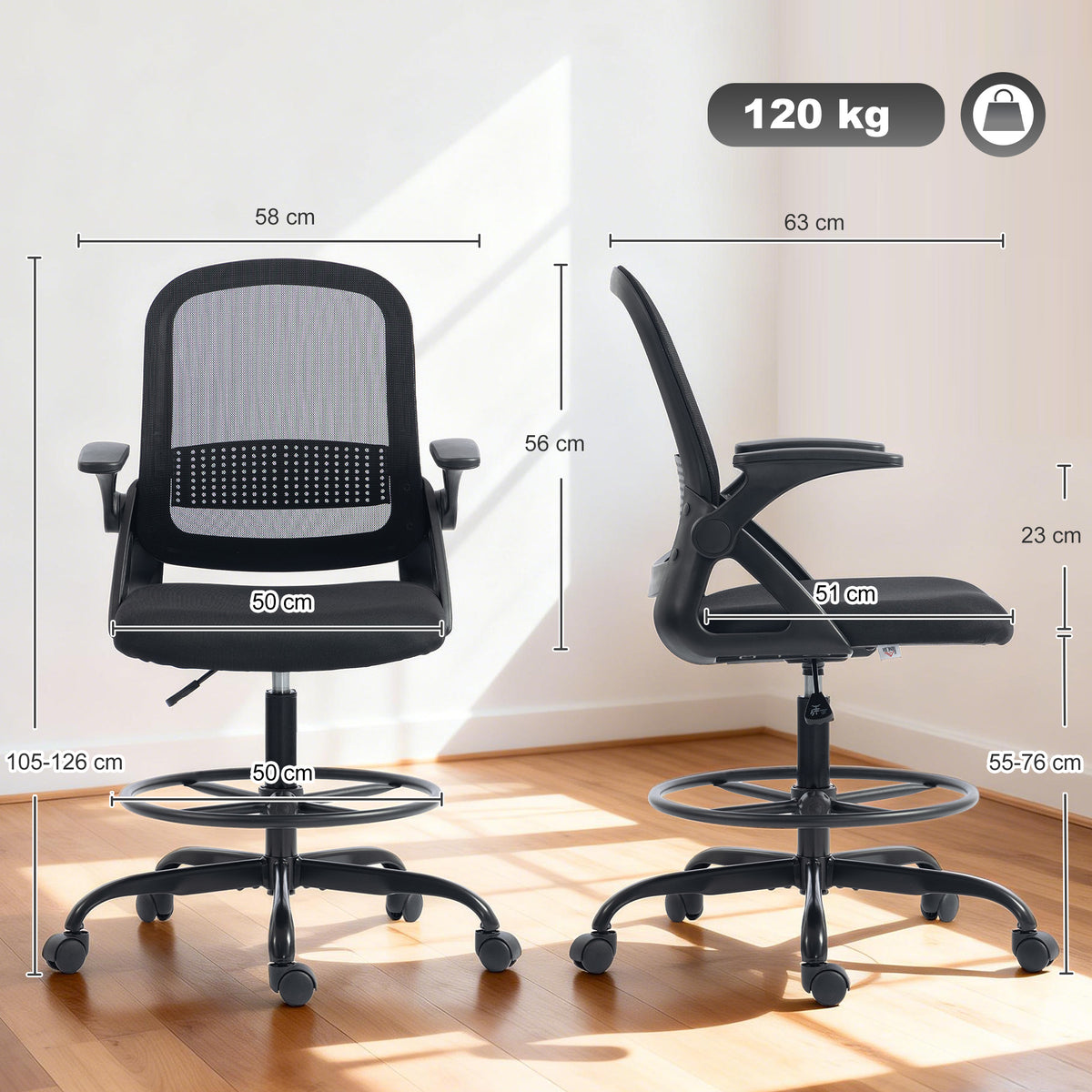 Chaise de bureau en maille, chaise d'ordinateur avec accoudoirs rabattables, hauteur réglable, repose-pieds, noir