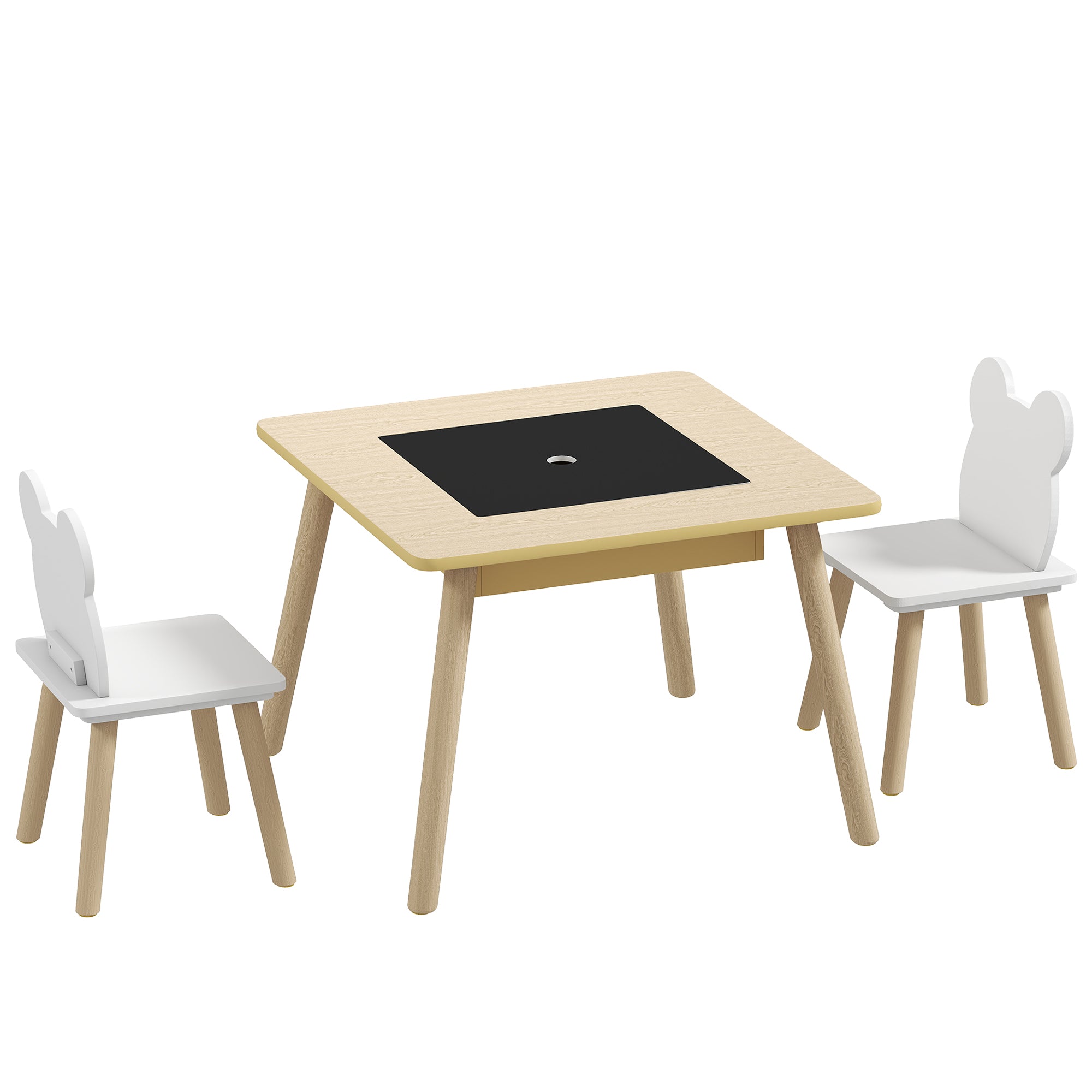Ensemble 1 table et 2 chaise 3 pièces pour enfants avec plateau réversible espace de rangement bois naturel