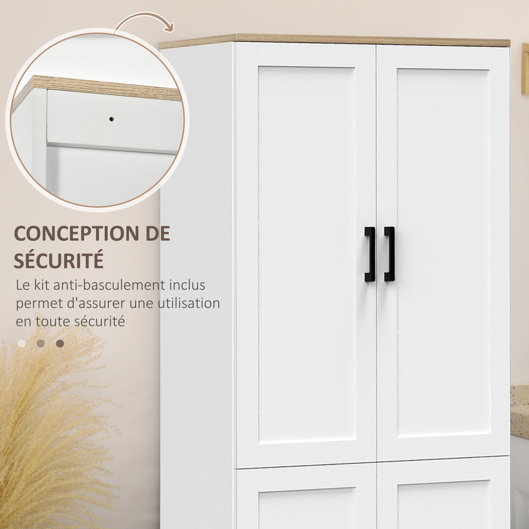 Armoire de cuisine hauteur 170 cm buffet haut avec 4 portes et étagères ajustable, design moderne, blanc