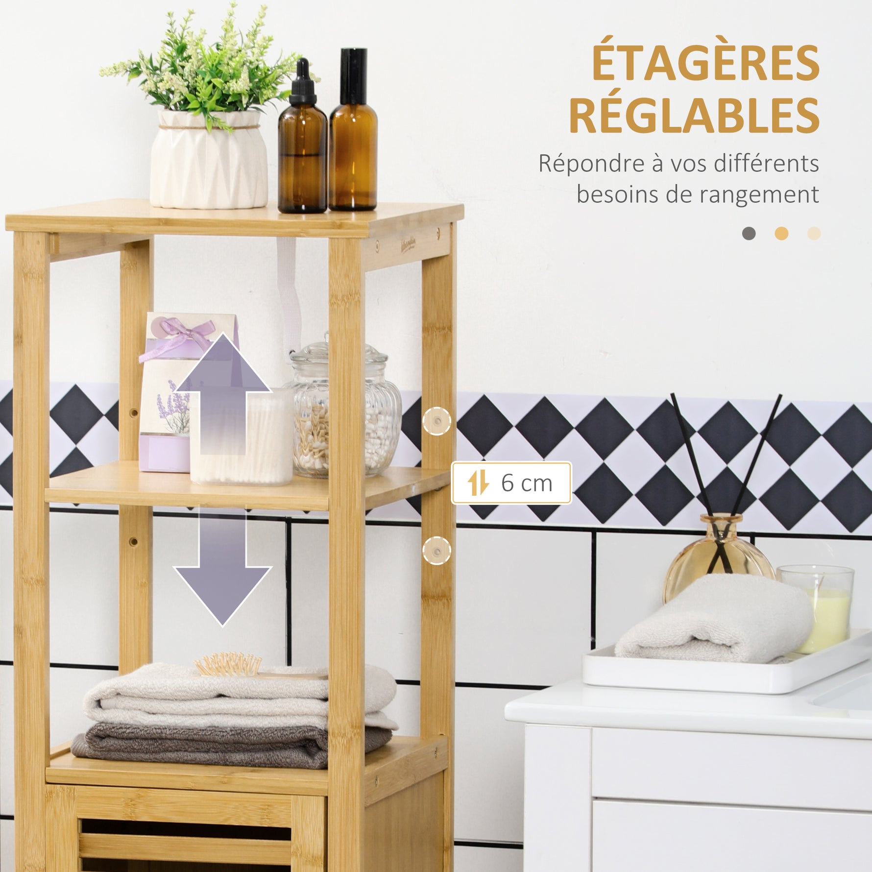 Meuble colonne salle de bain en bambou 2 étagères ouvertes et placard, 32,9 x 29,9 x 120 cm, bois naturel