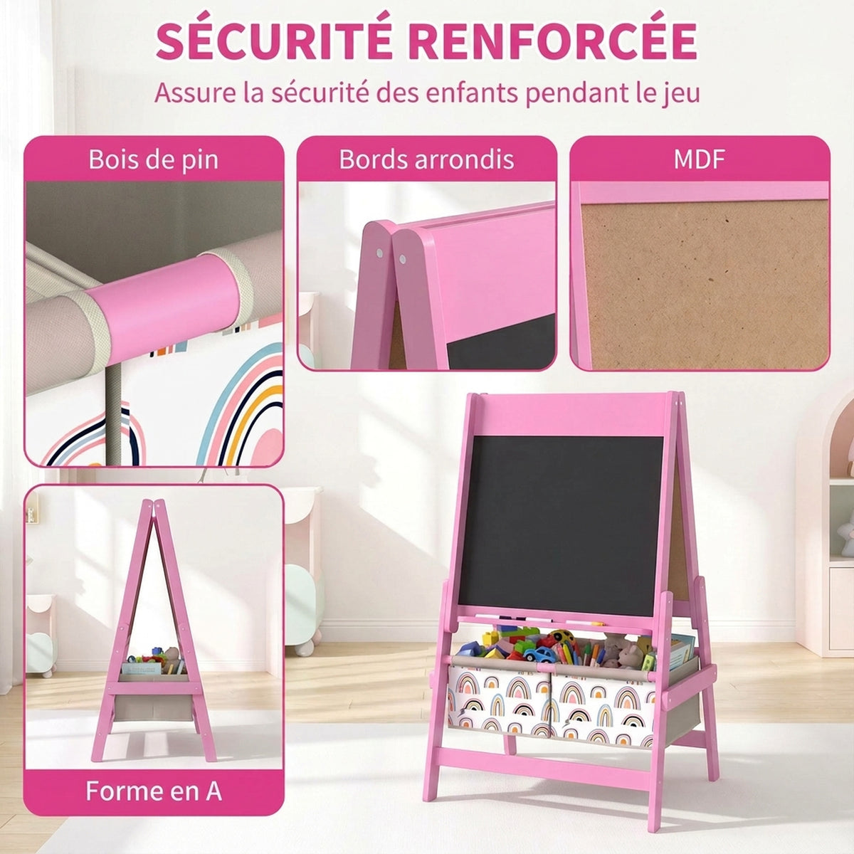 3-in-1 Dubbelzijdige Kinderezel, Lessenaar en Witbord, Papierrol, Manden, Plank, 3-8 Jaar, Roze