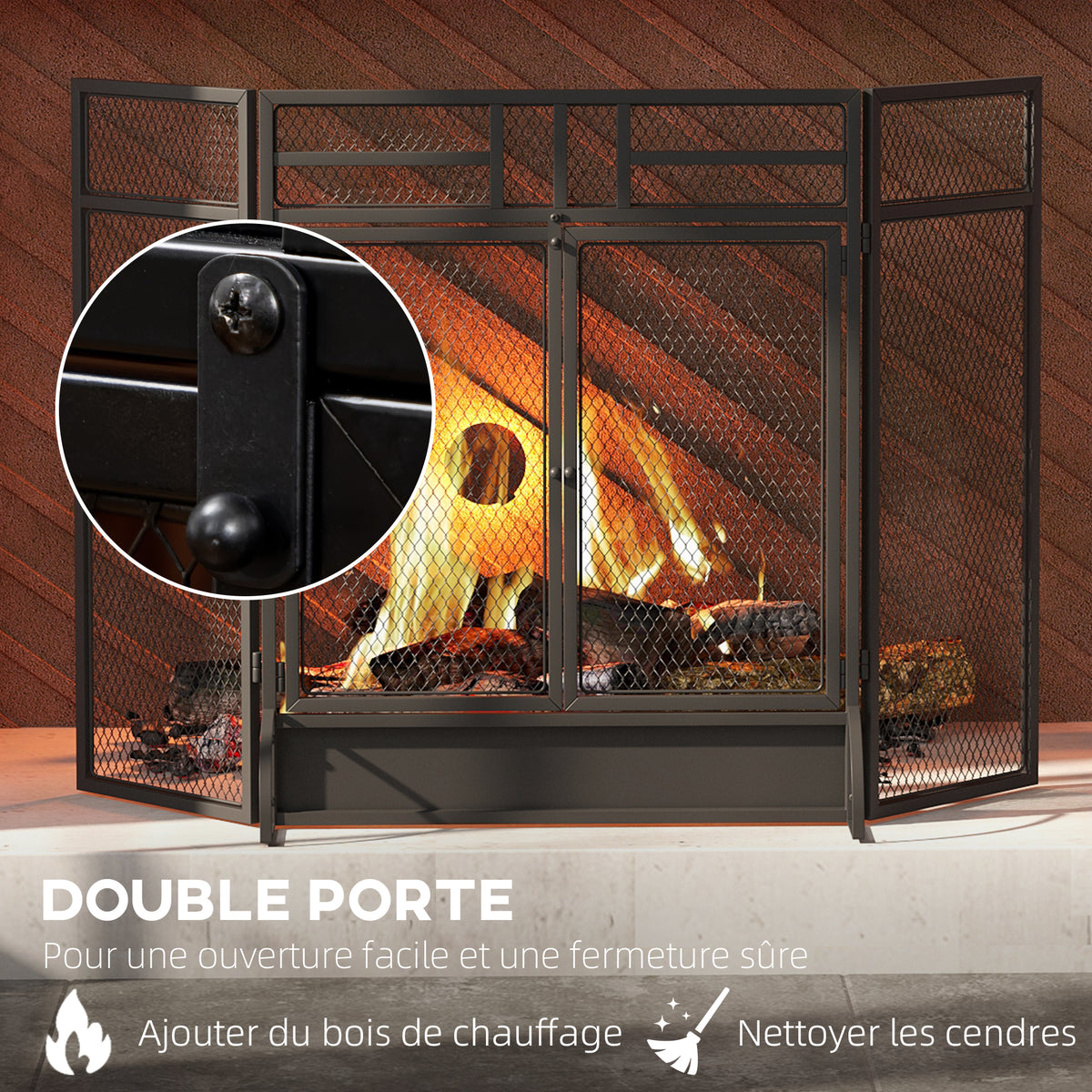 Pare-étincelles grille de protection pour cheminée pare-feu barrière de sécurité 3 volets pliables et porte 120 x 79 cm