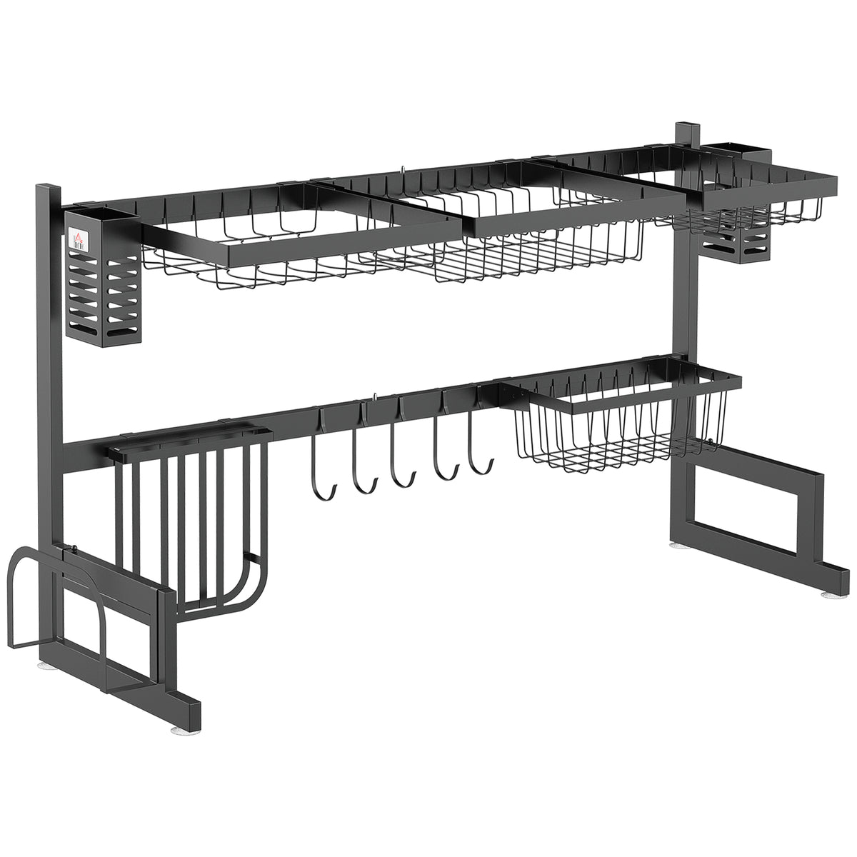 Geschirrabtropfgestell 2 Ebenen, Messerhalter, Schneidebrett-Halterung, 93 x 30 x 52,5 cm, Stahl, schwarz