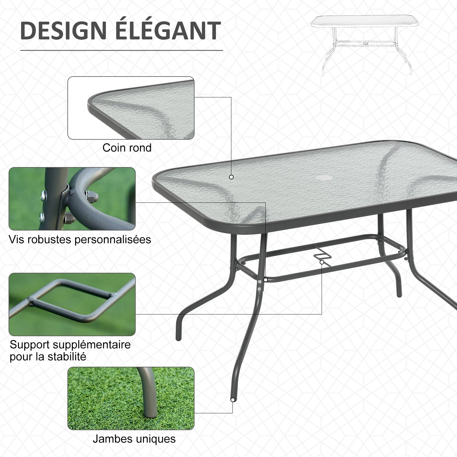 Table de Jardin rectangulaire dim. 120L X 80l x 70H cm métal époxy Gris Plateau Verre trempé