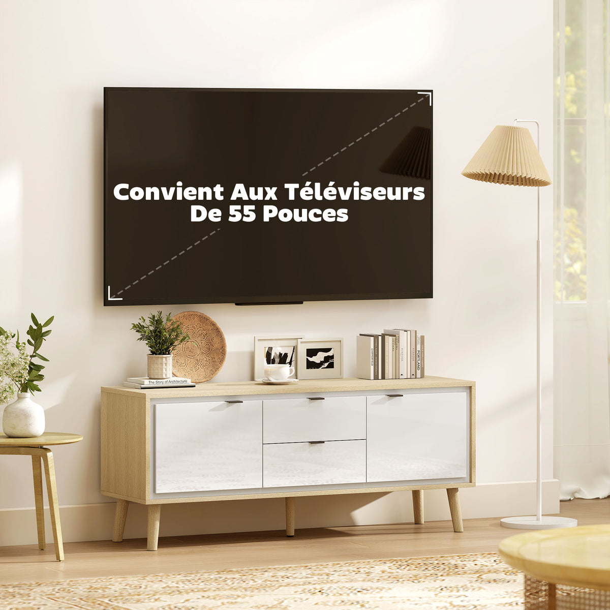 Meuble TV, meuble télé pour jusqu'à 55 pouces, 2 portes à haute brillance, 2 tiroirs silencieux, 120 x 35 x 50 cm, blanc