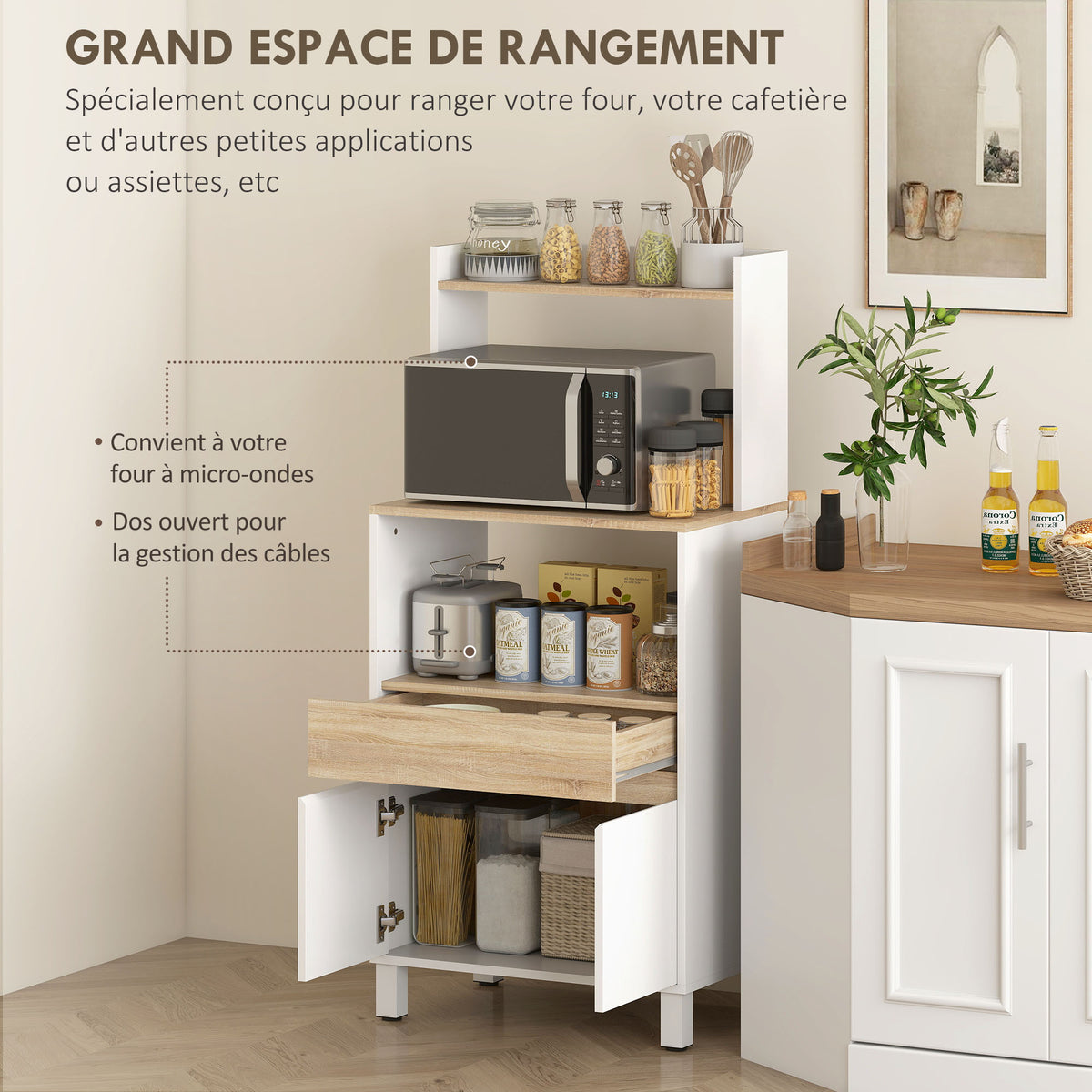 Meuble micro onde, buffet cuisine avec placard tiroir étagère supérieur, 60 x 40 x 131 cm chêne et blanc