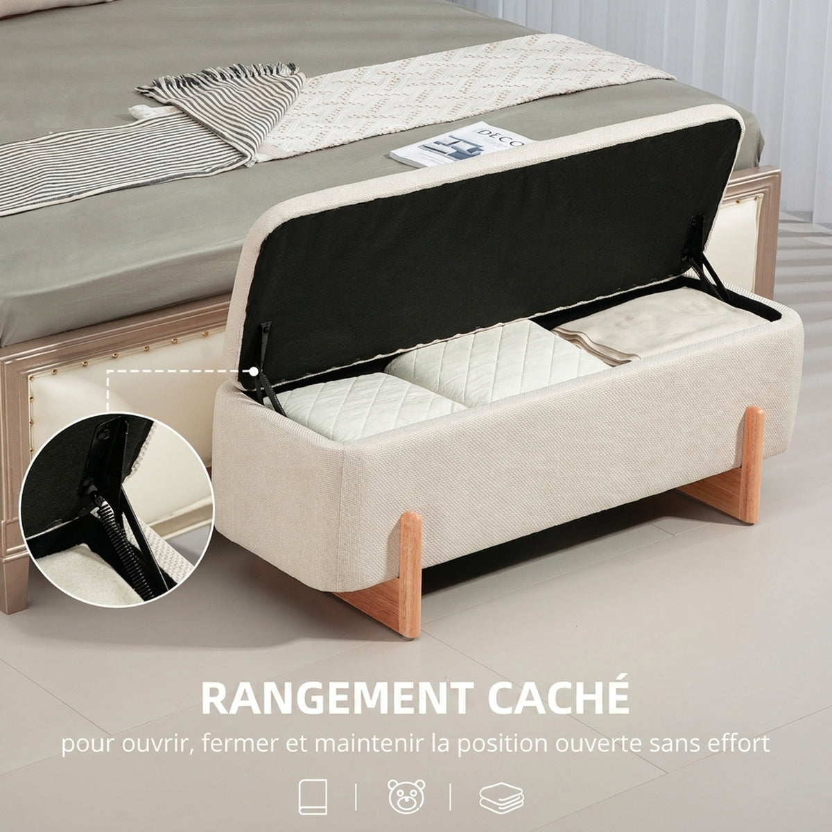 Panca contenitore, fondo letto imbottito, cerniere di sicurezza, gambe a U in legno di gomma stabile, crema