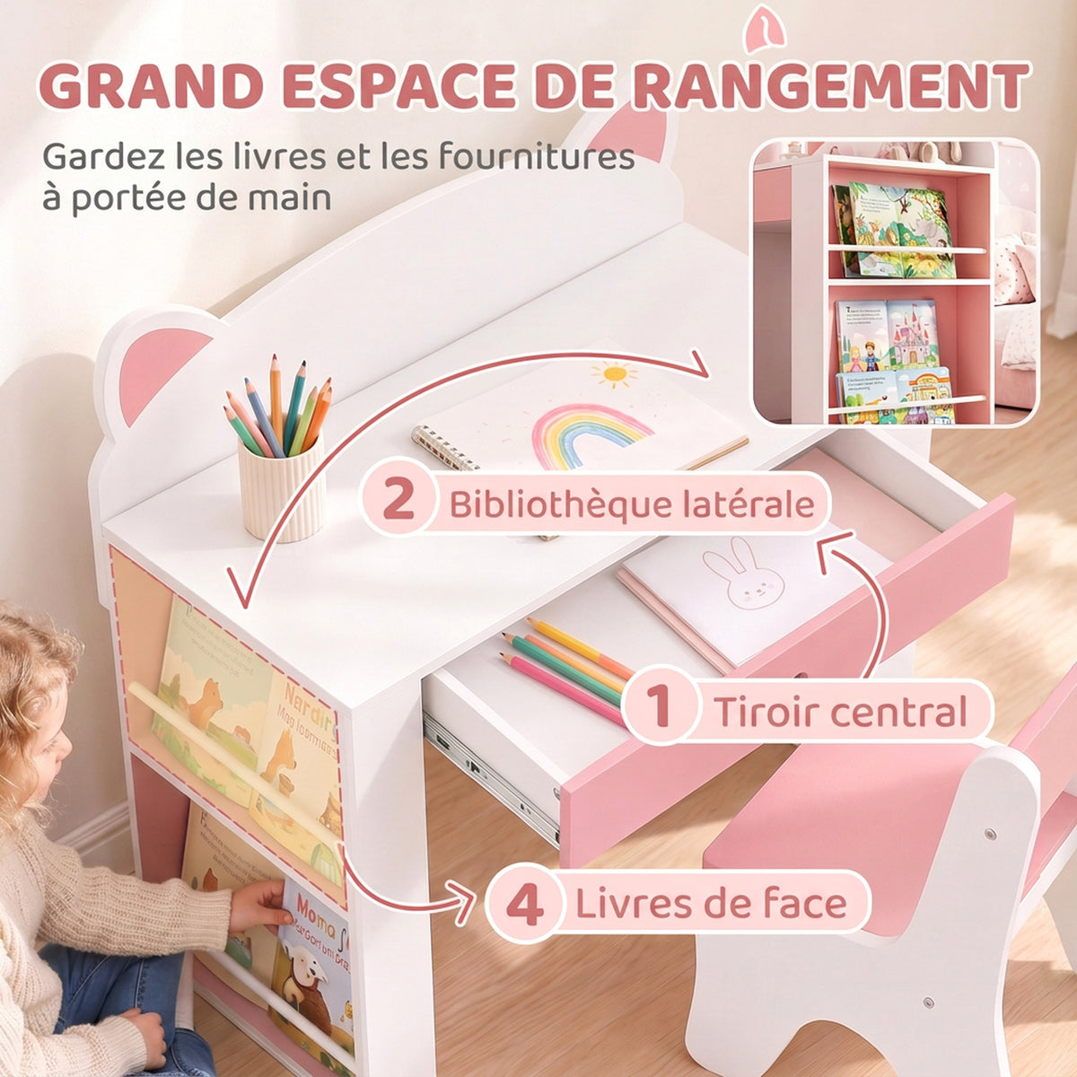 Scrivania e Sedia per Bambini 2 Pezzi, Set Tavolo per Attività, Cassetto, Libreria per Disegno, Lettura, Bianco Rosa
