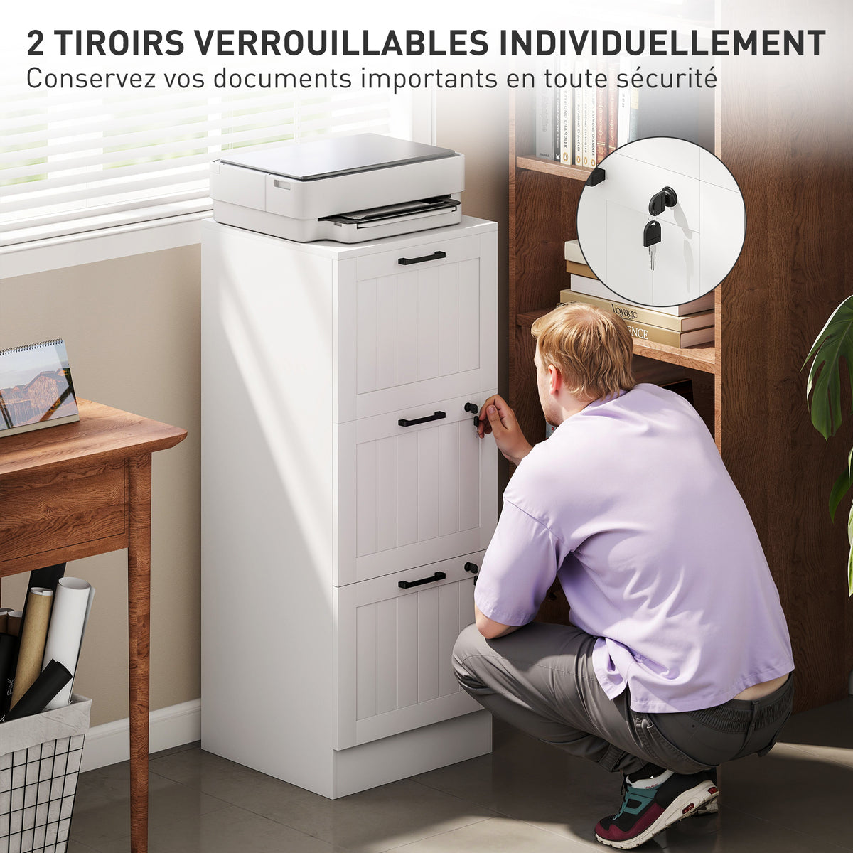 Caisson bureau, meuble rangement bois 3 tiroirs et serrure, barres de suspension réglables, 40 x 40 x 101 cm, blanc