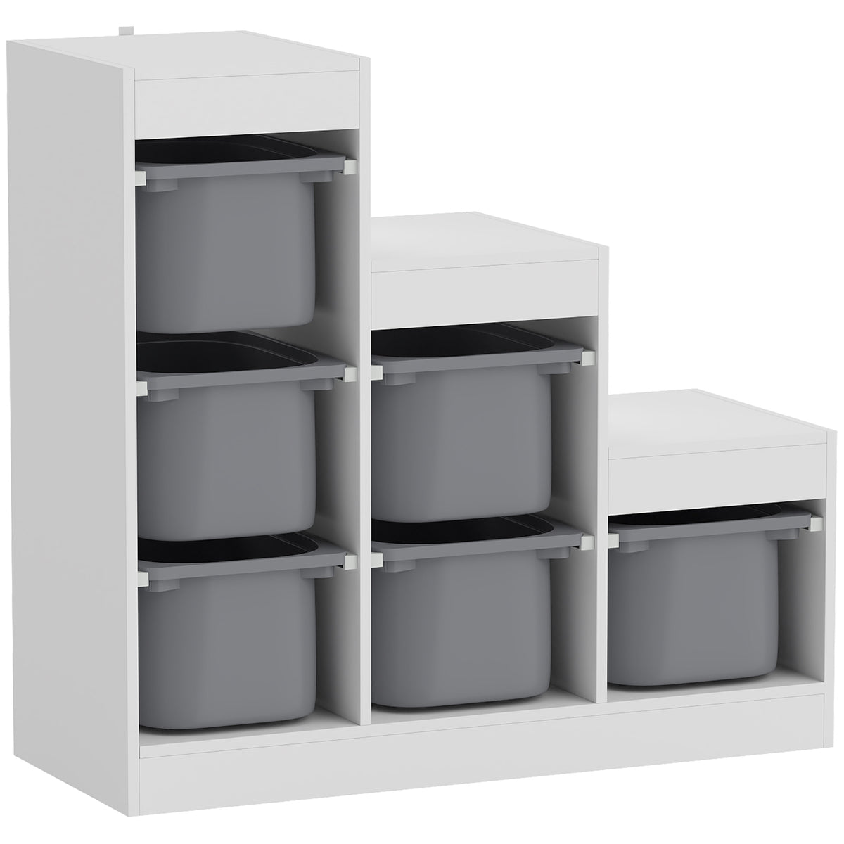 Children's toy storage unit with 6 removable bins, 3 storage levels, 96 x 38.5 x 90, grey